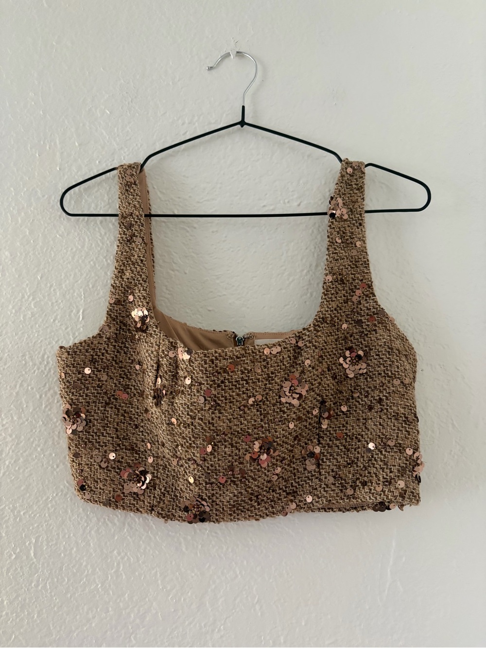 Sequin Cropped Tank Top in Taupe